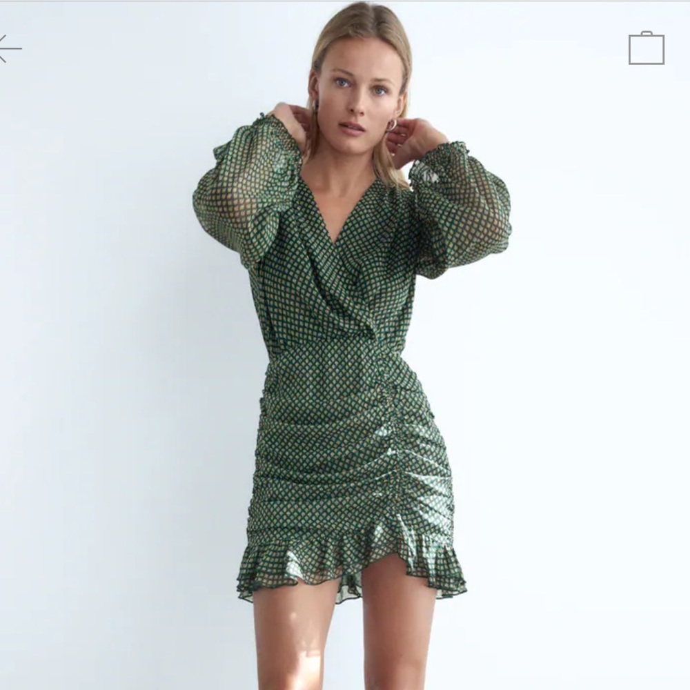 Zara Green Draped Mini Dress Metallic Thread XS